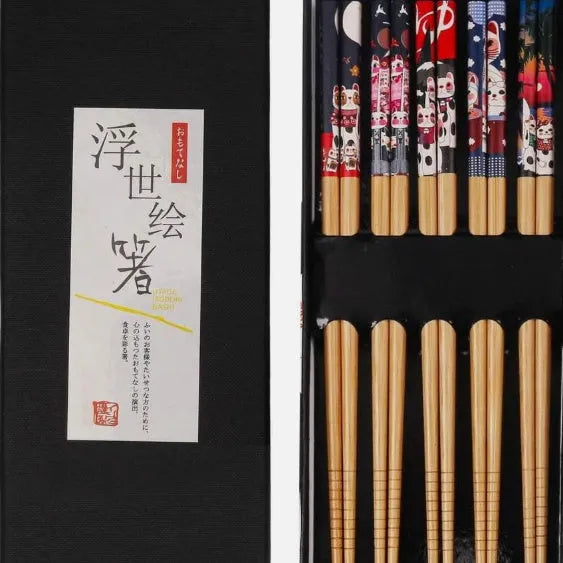 Japanese style bamboo chopsticks with cartoon patterns in lucky cat or blue designs