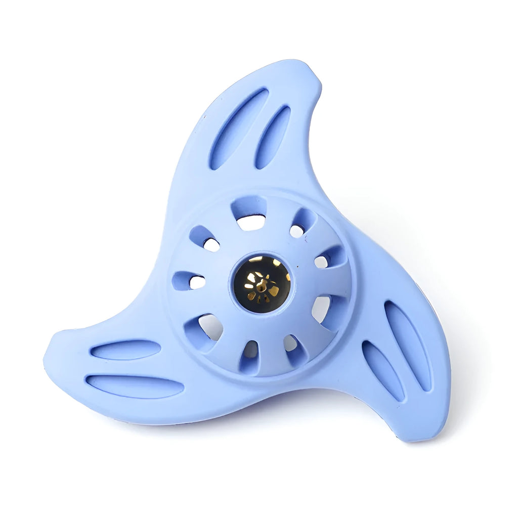 Blue boomerang-shaped dog chew toy with molar-inspired edges for medium and large breeds