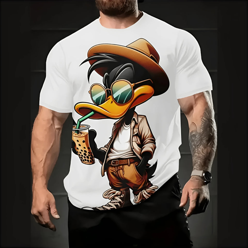 Men's loose short sleeve pullover with 3D cartoon print in thin milk silk and linen fabric for summer casual wear