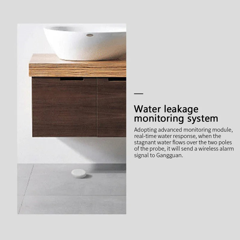 Small white Zigbee wireless water leak sensor for smart home flood detection.