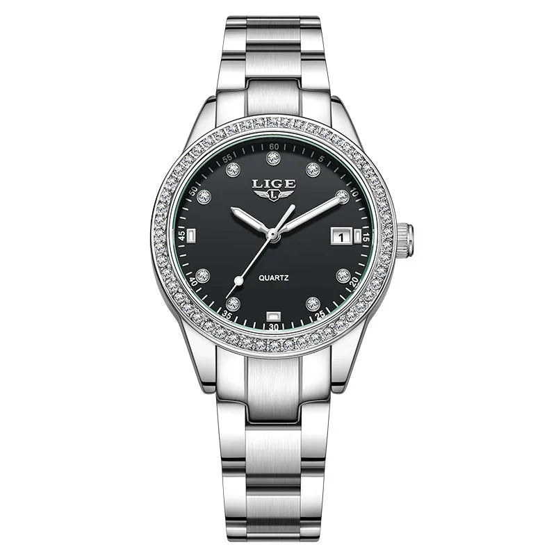 Fashion girl quartz watch with stainless steel case, luminous dial, and spiral crown in silver colour options