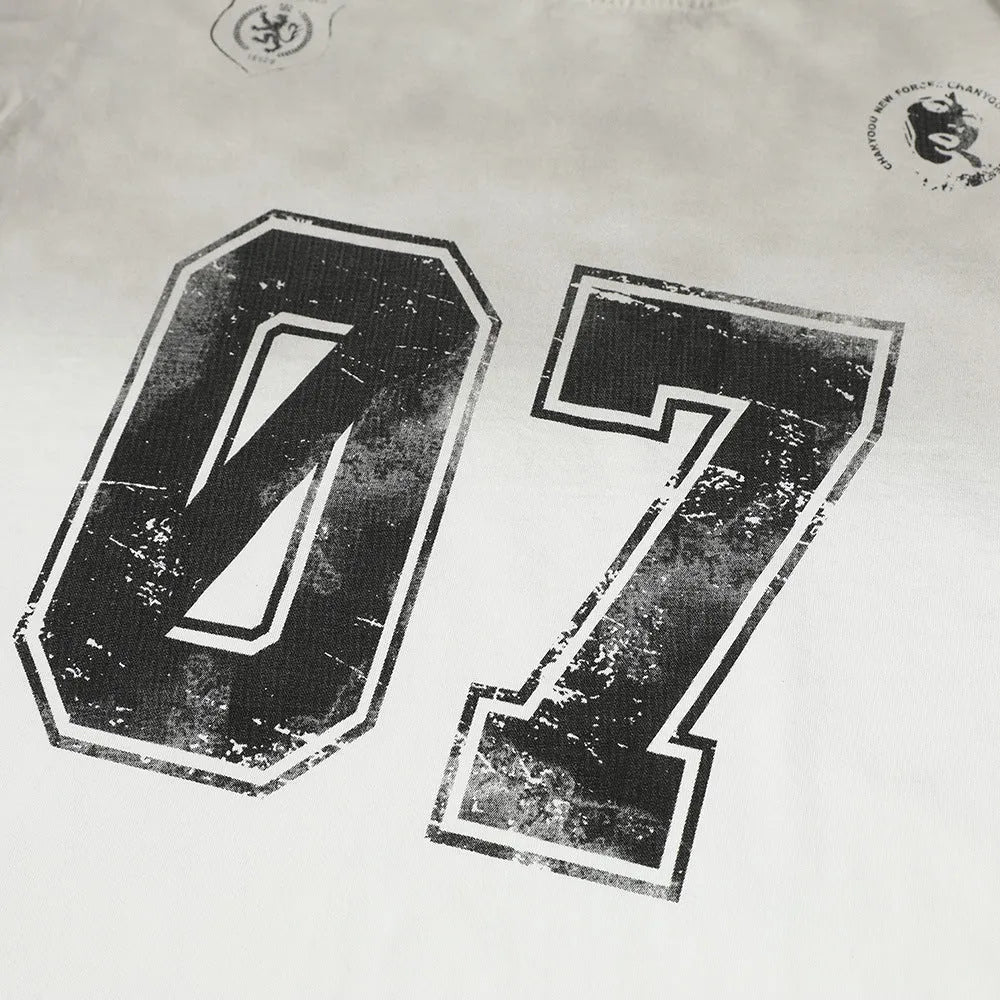 Men's black and white short-sleeved printed cotton t-shirt showing size options S, M, L, XL.