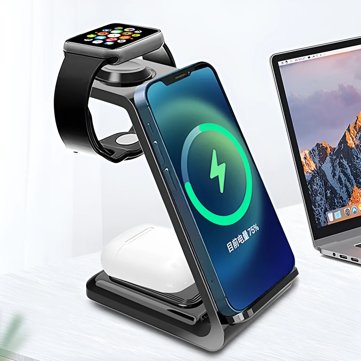 White upright wireless charging phone holder with dual coil technology and TYPE-C connection