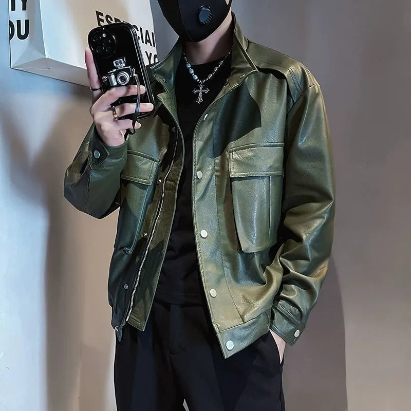 Men's black PU leather pilot jacket with a straight hem and side pockets, Korean style.