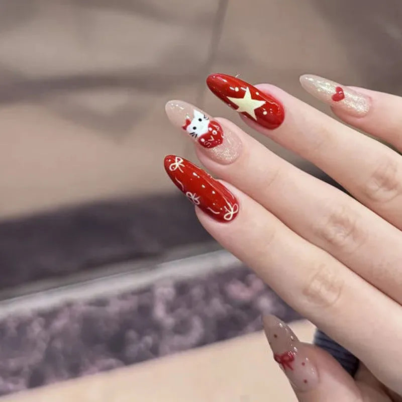 Five sets of short square shaped press-on fake nails with a peel-and-stick backing, shown in assorted colours.