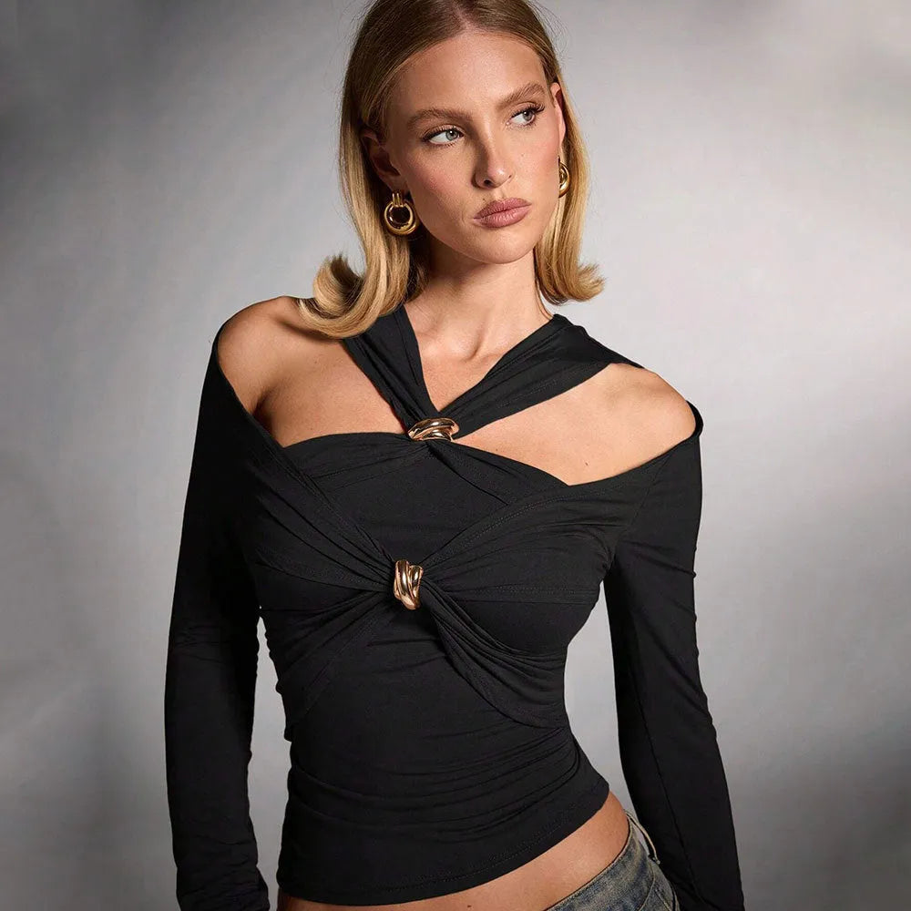Black women's halter top with shoulder-baring design and slim fit