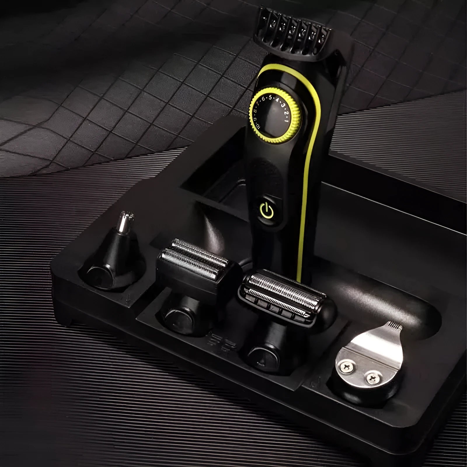 Black rechargeable electric hair clipper set with USB cable and stainless steel blade