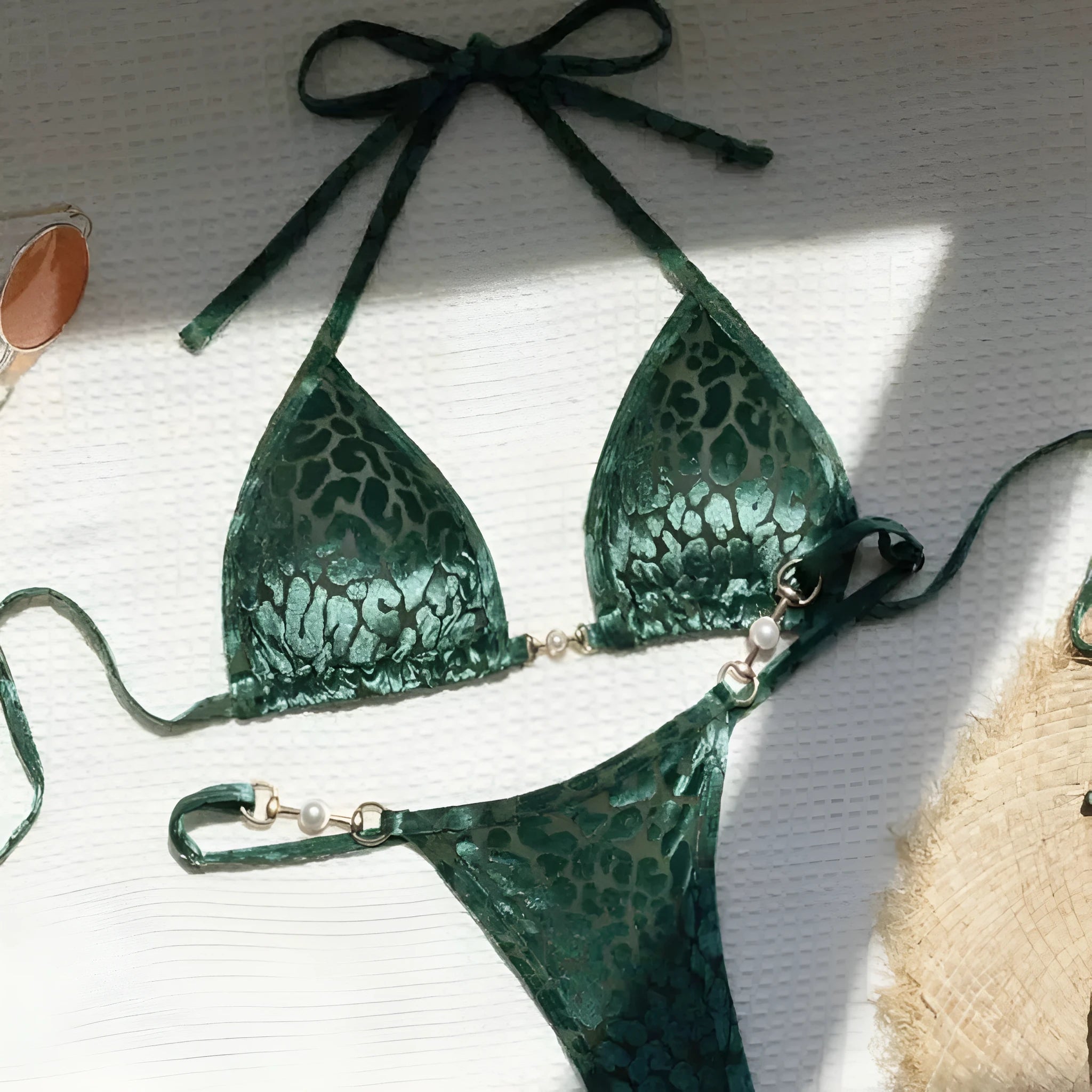 Women's leopard print swimwear bikini set with T-shaped design for swimming