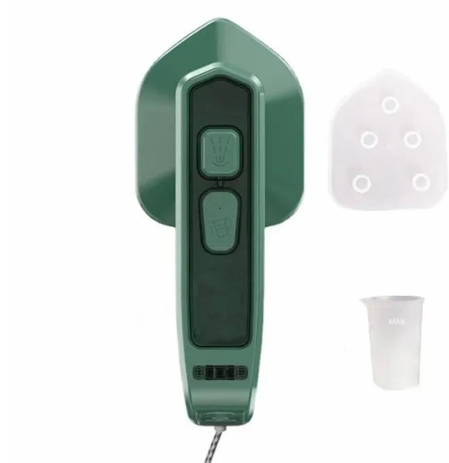 Dark green hand-held steam iron with ceramic panel showing dual temperature buttons and compact design