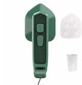 Dark green hand-held steam iron with ceramic panel showing dual temperature buttons and compact design