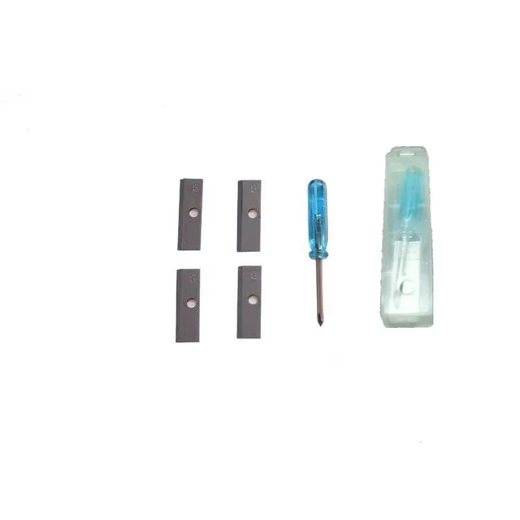 Geometric plastic pencil sharpener with four holes for different pencil sizes, includes screwdriver