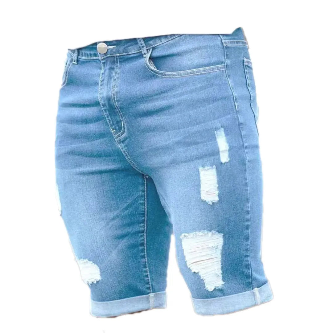Sky blue men's denim shorts with distressed holes, low waist, and straight leg.