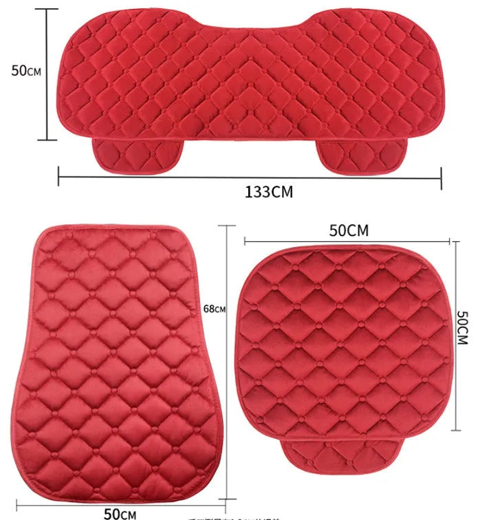 Cotton ringer plush winter car seat cushion shown in burgundy colour on a car seat