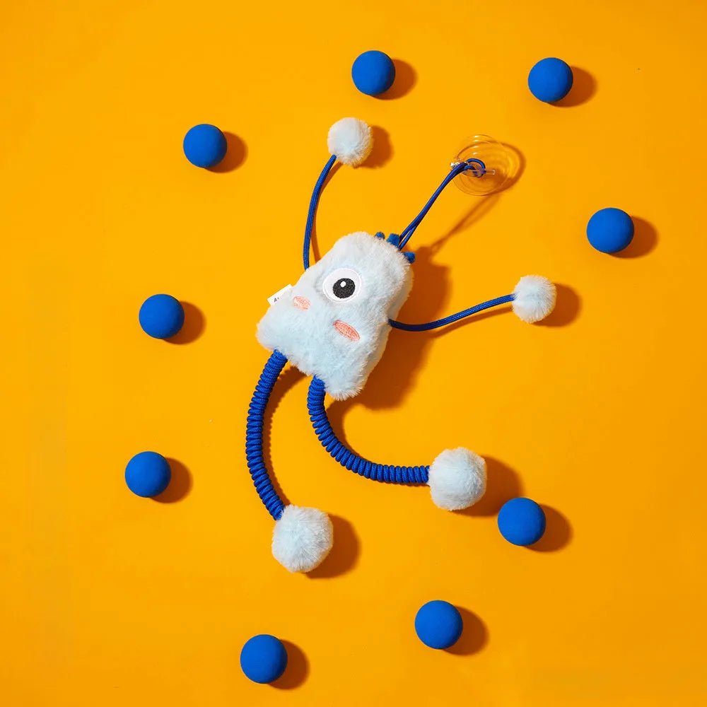 Blue telescopic elastic plush cat toy with a mint bell ring on a 30cm diameter loop.