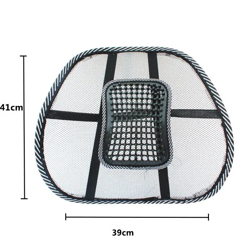 Black leather-look car lumbar support pillow measuring 41 by 39 centimetres.