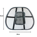 Black leather-look car lumbar support pillow measuring 41 by 39 centimetres.
