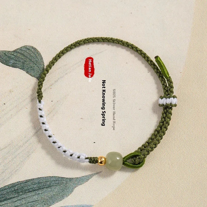 Hetian Jade sterling silver carrying strap Chinese national bracelet with cord construction and electroplated details