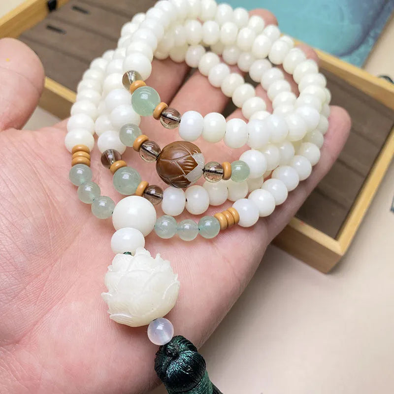 White jade bodhi bead bracelet with 108 beads in a mala style, shown in three different pattern options.