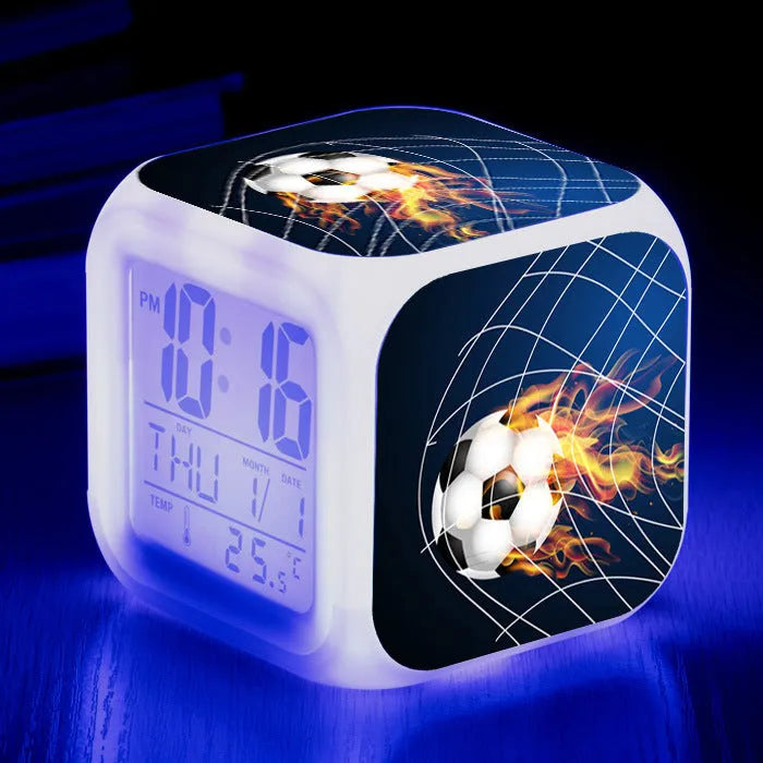 Square football pattern alarm clock with mute alarm function in blue, green, or yellow