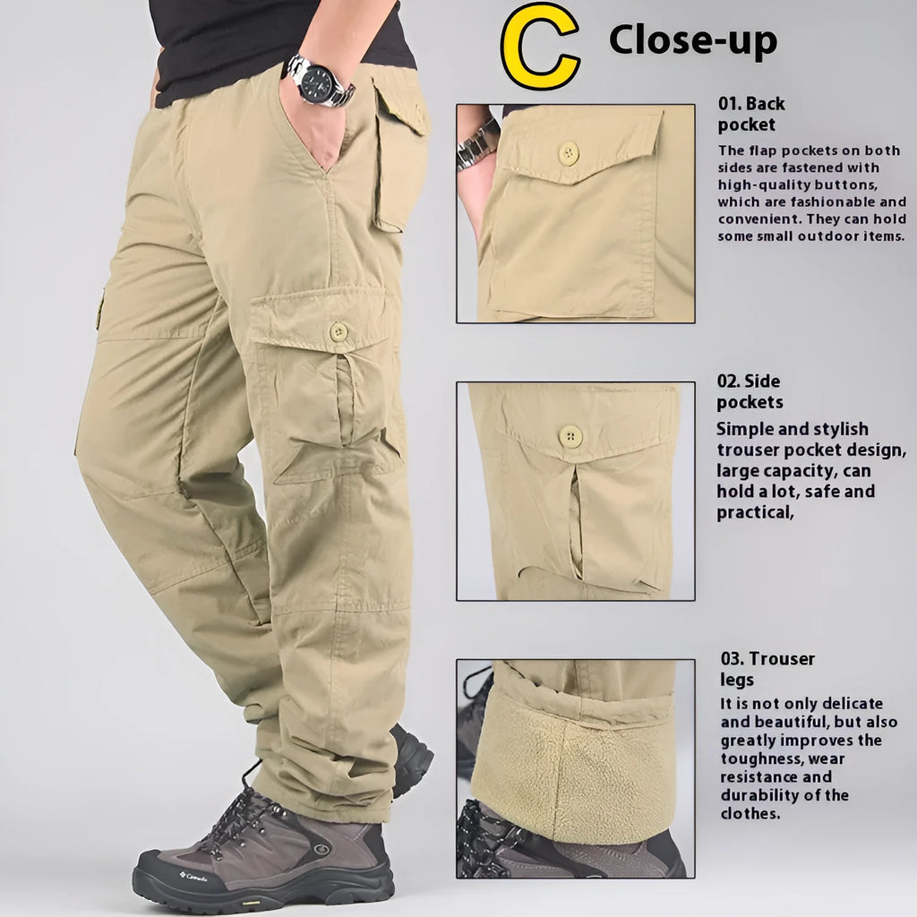 Men's thickened cotton overalls with wool lining in khaki, black, and army green colors