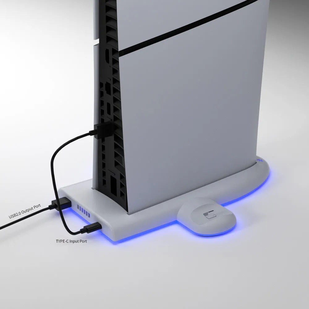 White PS5 Slim charging base with cooling pad, fixed controller charger, and RGB ambient lighting