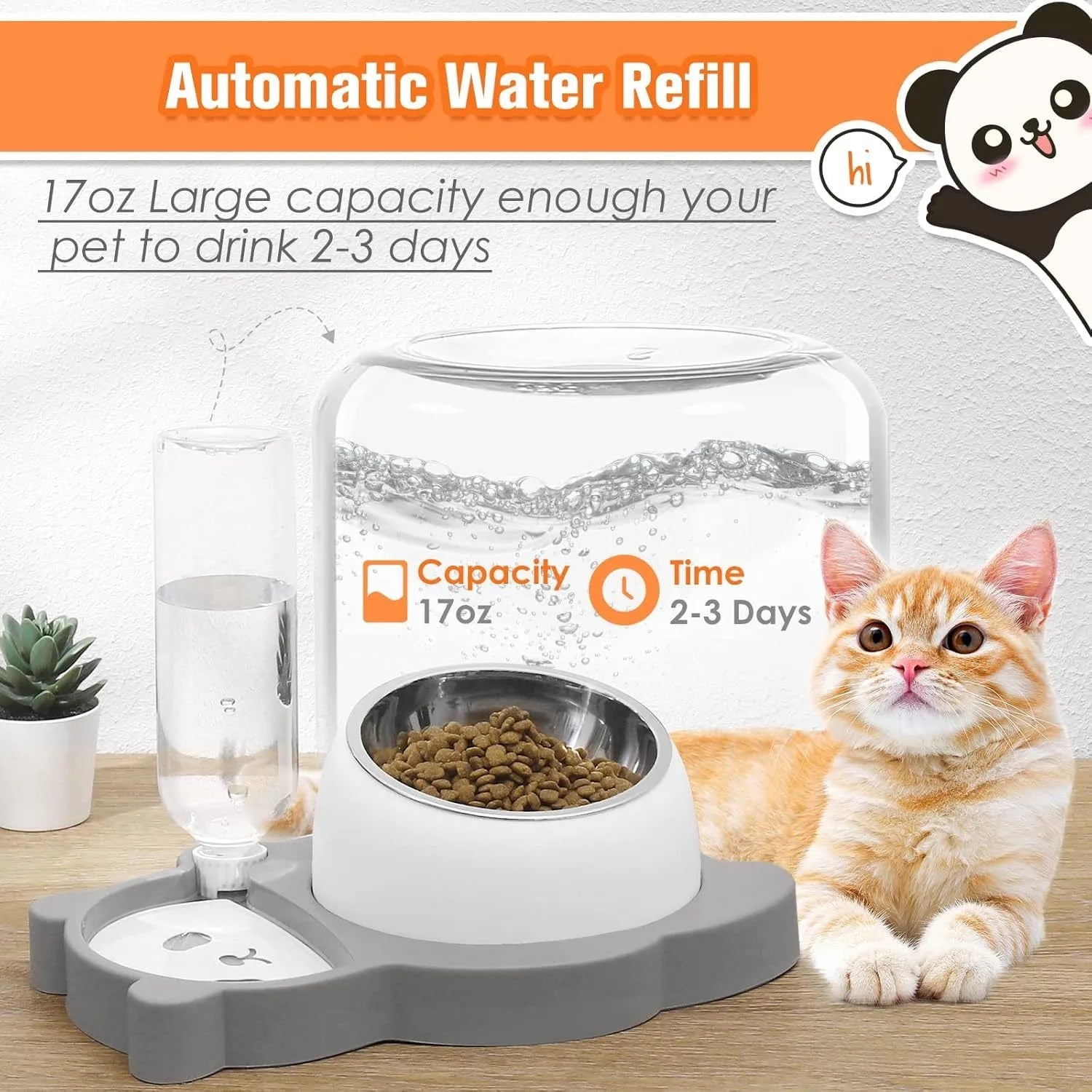 Grey panda-shaped tilted pet feeder with automatic water bottle for cats and small dogs