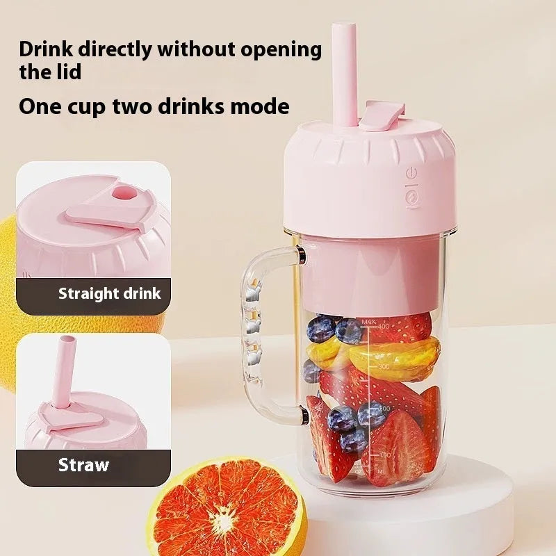 Portable USB-powered multifunction juicer in cherry blossom pink or avocado green with three blade options