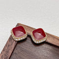 Red square geometric alloy earrings with retro style and simple inlaid design