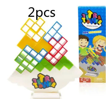 Plastic balance stacking board game with 16 colourful blocks on chassis and base