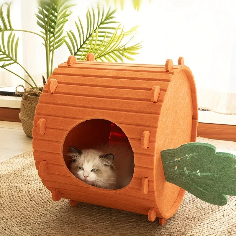 Carrot-shaped grey felt cat tunnel nest, semi-enclosed with drilled openings, shown in two sizes.