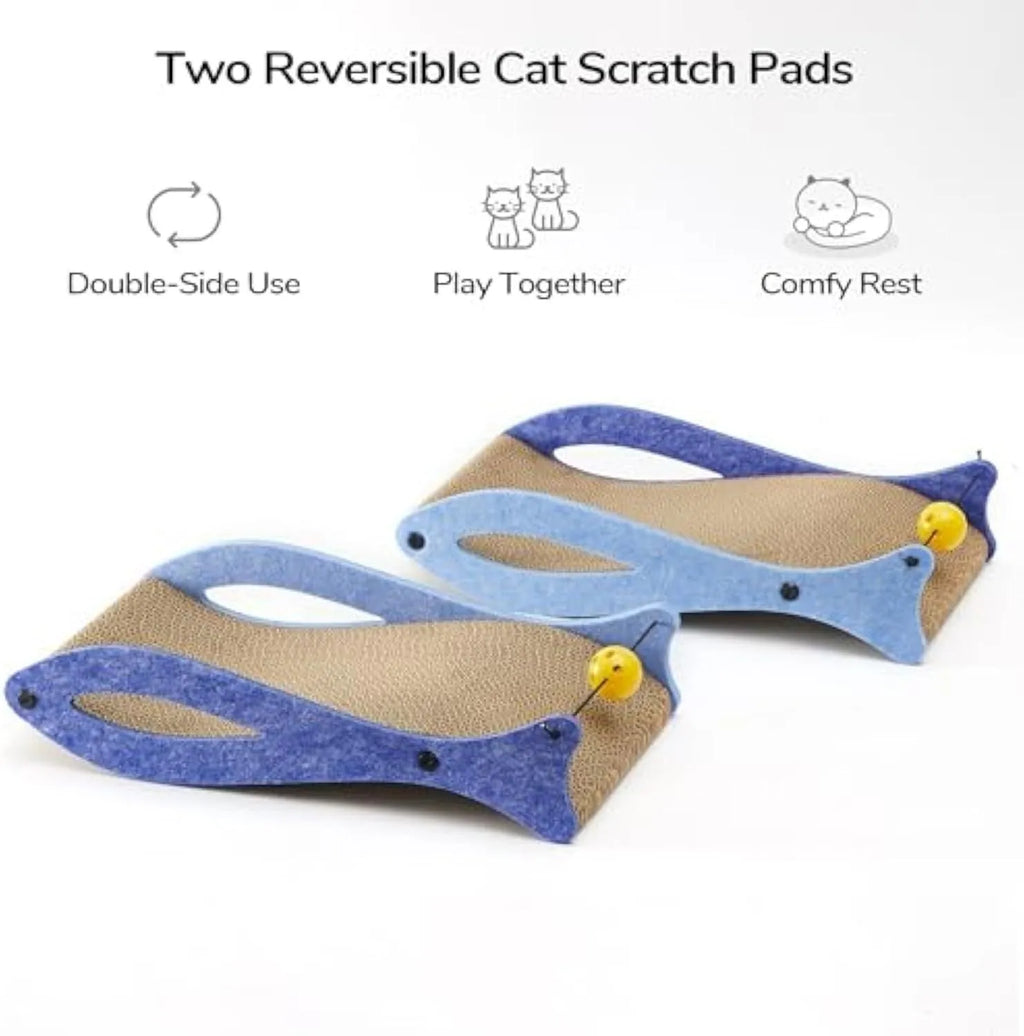 Blue fish-shaped cat scratcher cardboard lounge with bell toy and wavy surface for indoor cats
