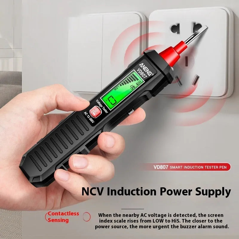 Black digital voltage tester pen with LCD display showing voltage reading