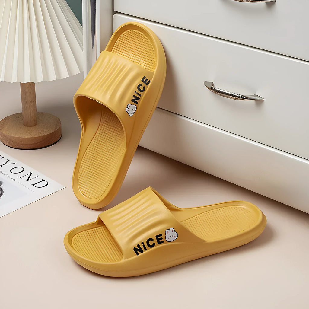 Pair of adult EVA flip flop slippers with a cartoon pattern on a non-slip sole, shown in one of six available colours.