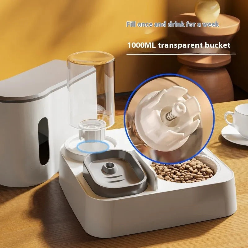 Grey automatic cat feeder and water dispenser station with integrated double bowls