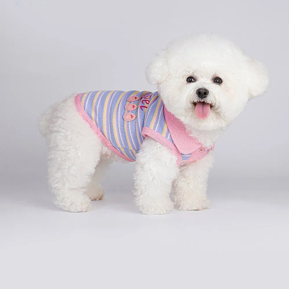 Pink purple soft fleece autumn vest for a small dog or cat, shown with size chart from XXS to XXL.