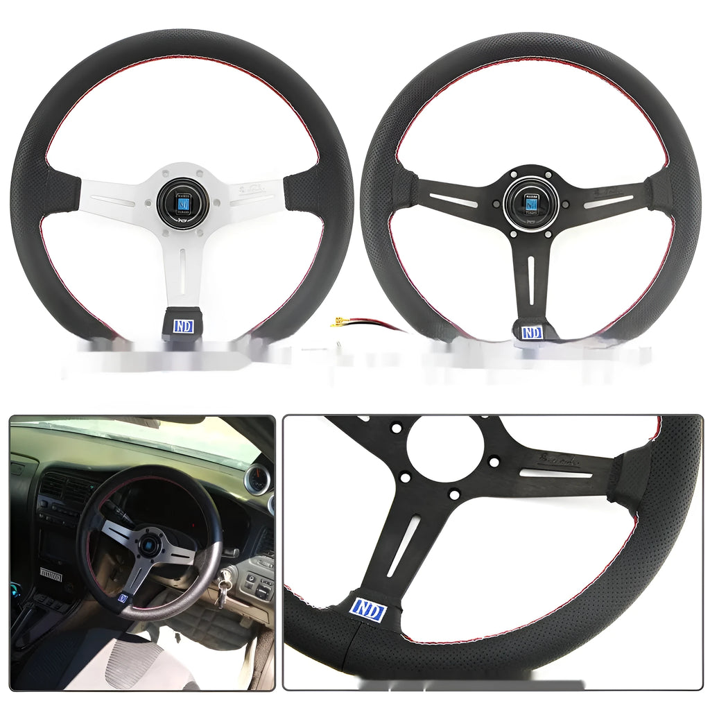 Leather 14-inch steering wheel with a concave centre, shown with black and silver skeleton frame options.