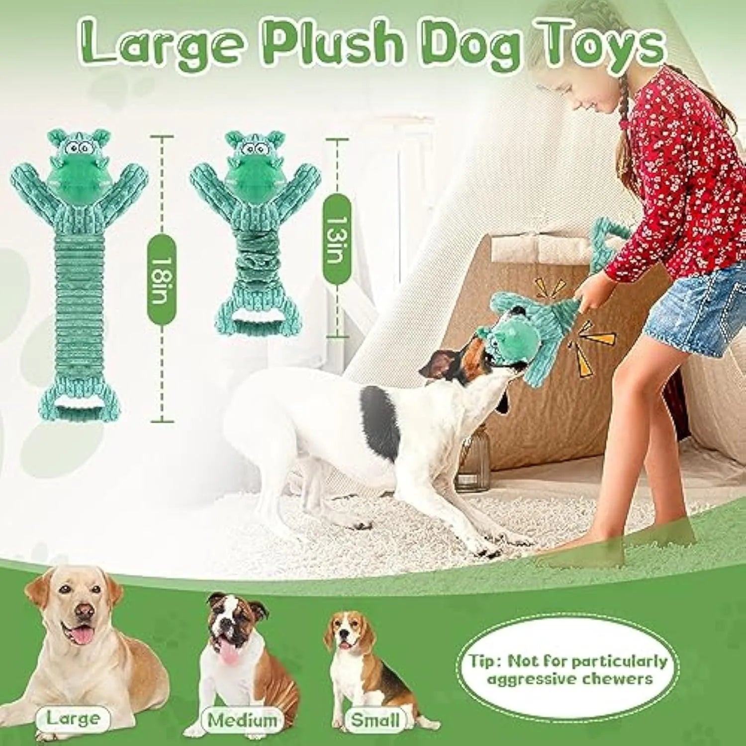 Large plush hippo or monkey dog toy with a handle, shown in bright colours.