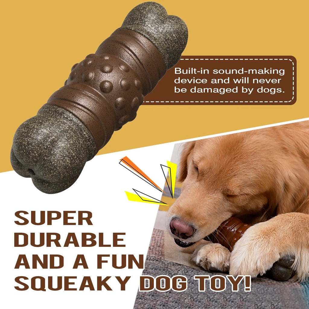Wood colour plastic dog dental bone toy with textured cleaning surfaces