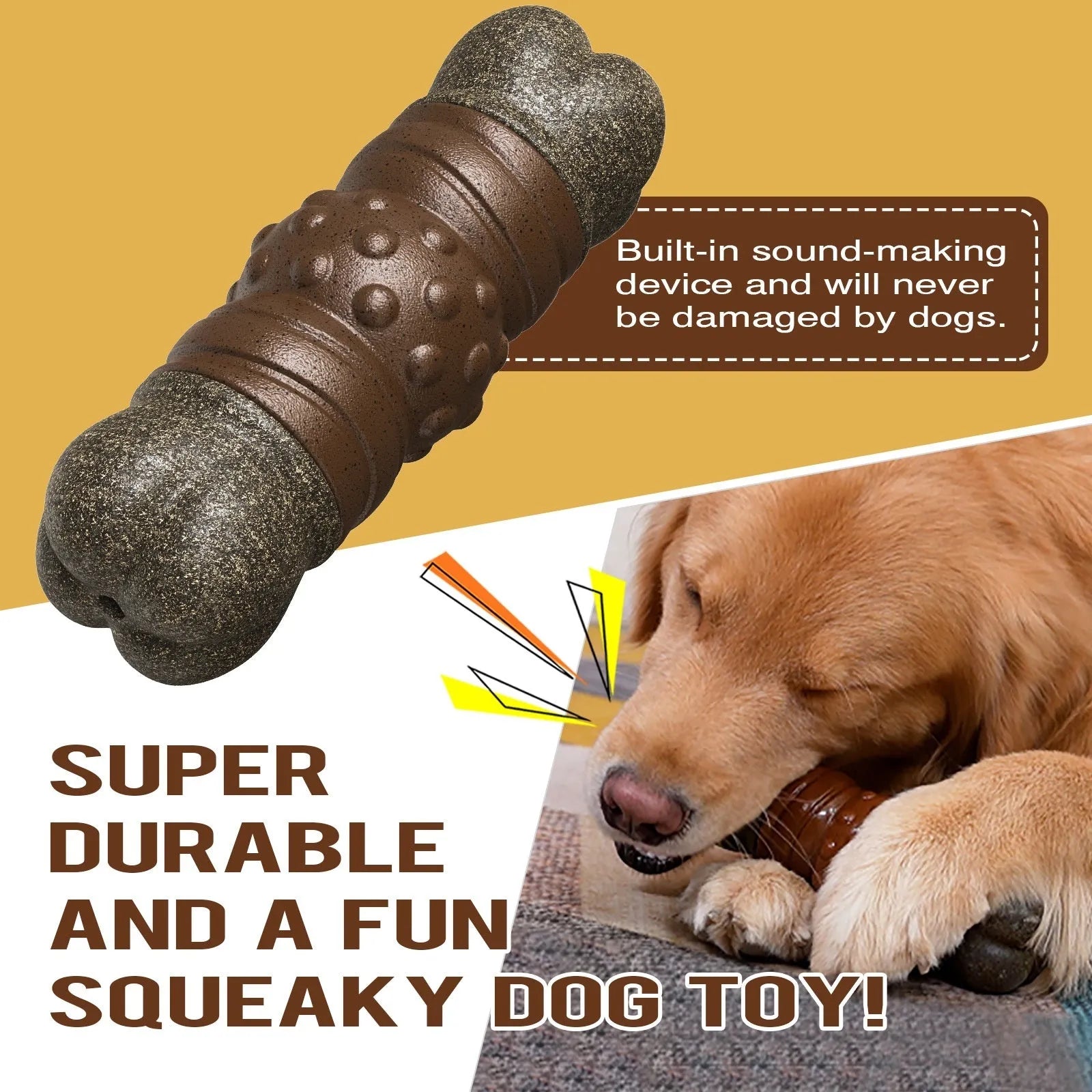 Wood colour plastic dog dental bone toy with textured cleaning surfaces