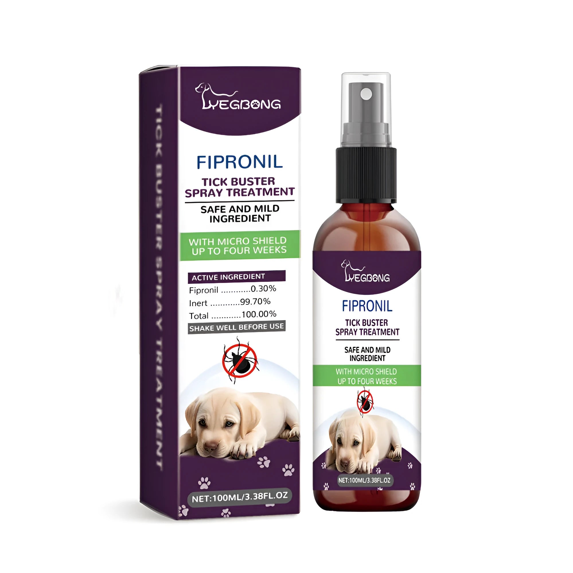 100ml bottle of pet pest spray with natural extracts on a white background.