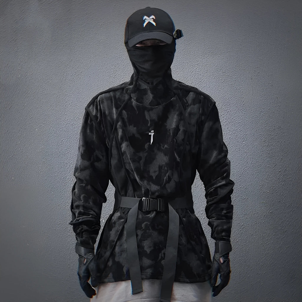 Men's black tie-dye turtleneck sweater with loose fit and drop-shoulder sleeves