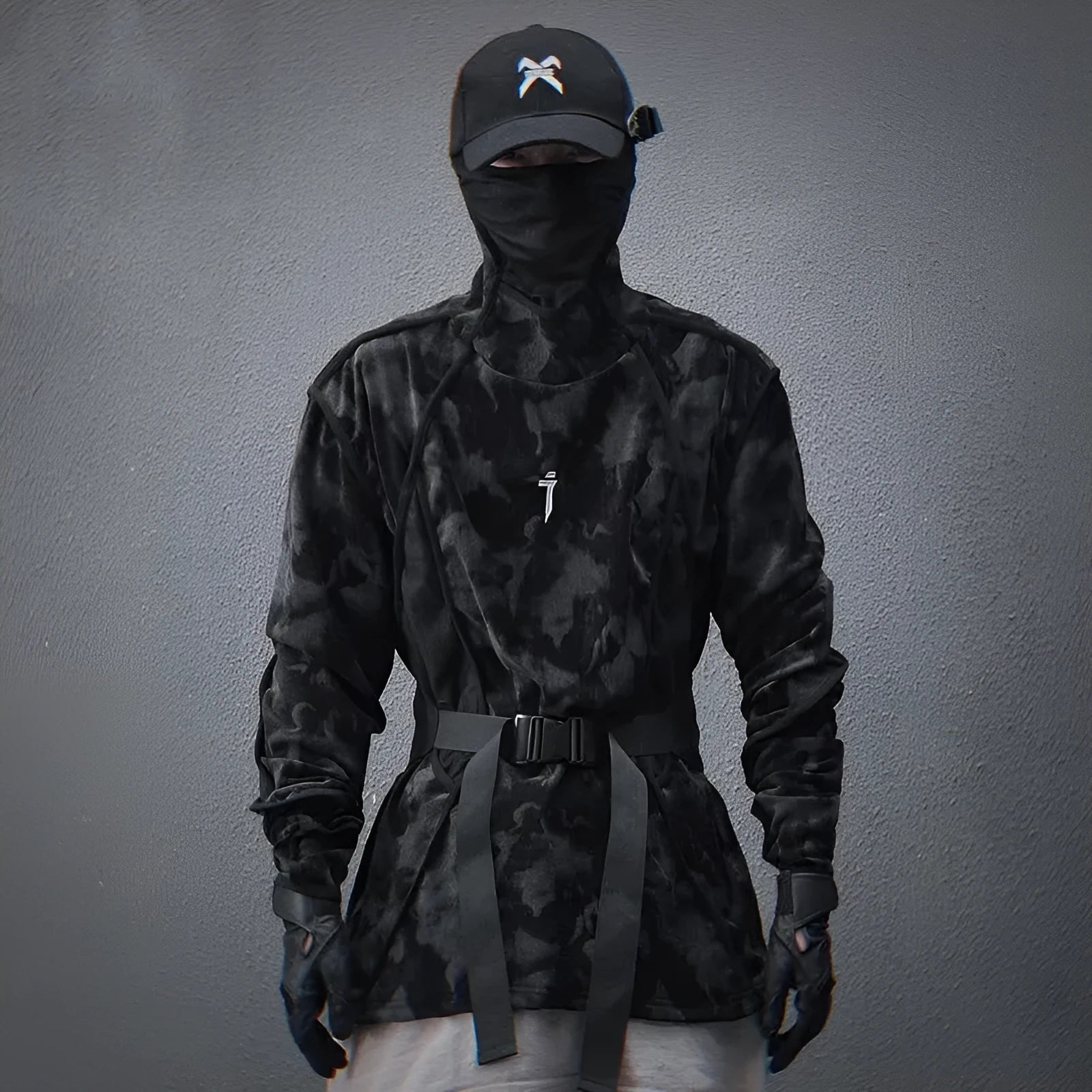 Men's black tie-dye turtleneck sweater with loose fit and drop-shoulder sleeves