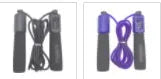 A fitness skipping rope with sponge handles, showing the 3m length and available in black, blue, green, and red colours.