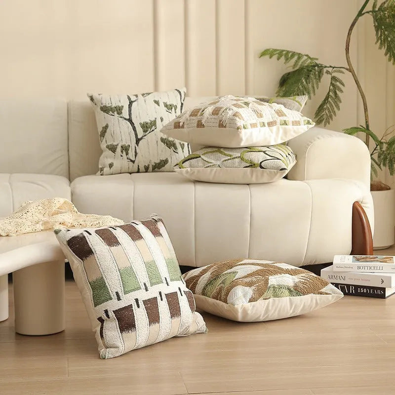 Yarn-dyed Jacquard sofa pillow cover with plant and flower pattern in a 45x45cm square.