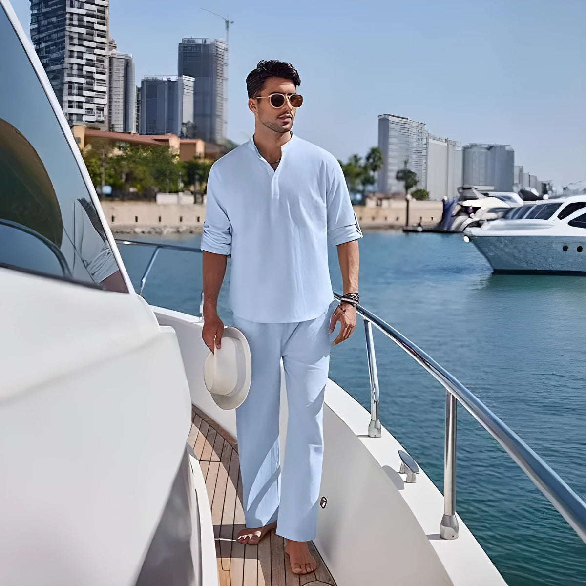 Men's cotton casual suit in solid colour with long sleeves and trousers for leisure wear