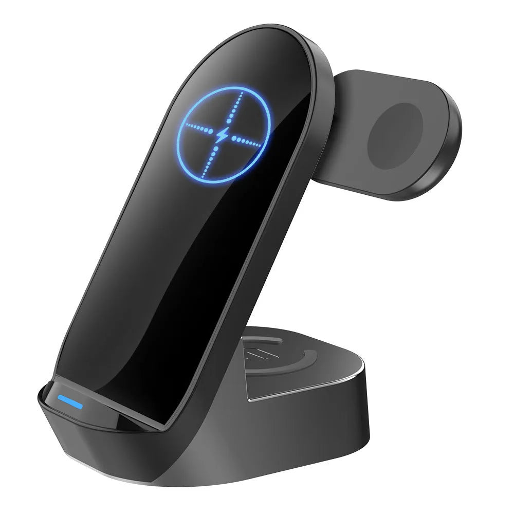 Black grey foldable 3-in-1 wireless charging stand with phone, headphone, and watch charging stations