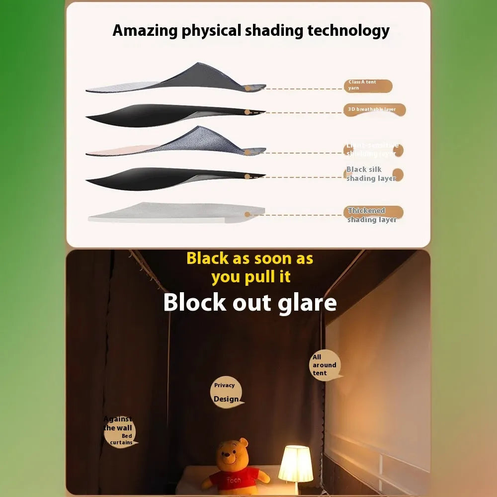 Grey integrated mosquito net and bed curtain set for 0.9m beds with five-sided shading design