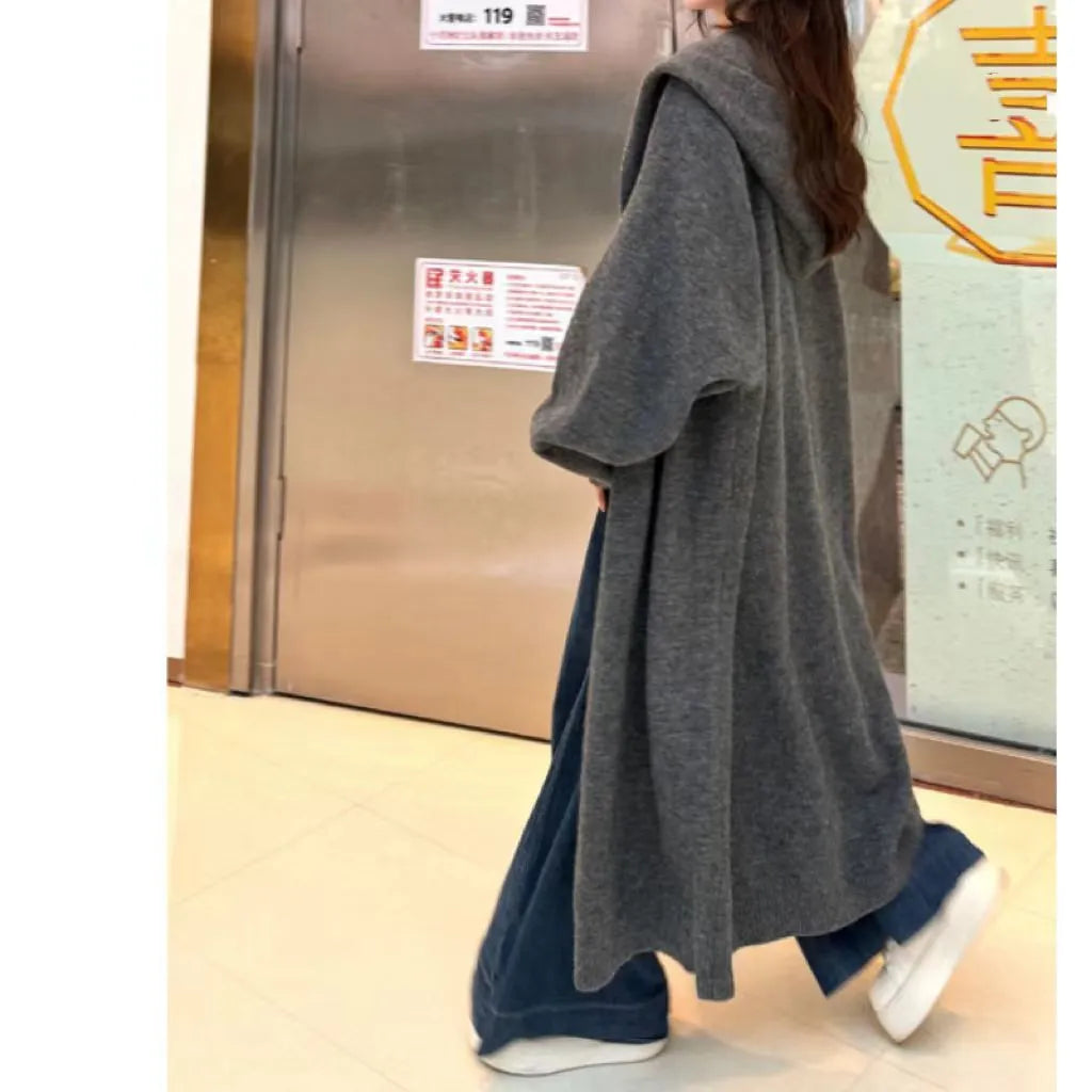 Korean idle style hooded long cardigan in wool blend polyester fabric below-the-knee length