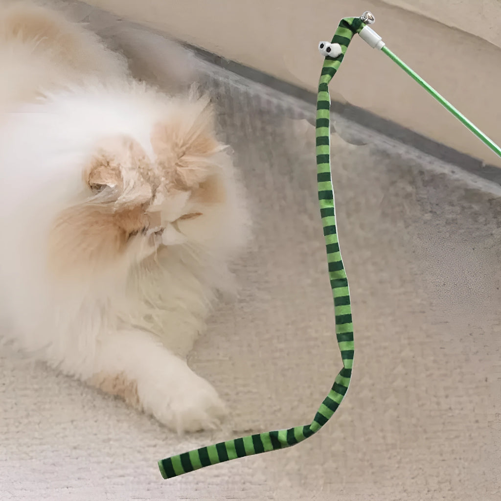 Colourful cat teaser wand toy with a long plush strip and polycarbonate pole