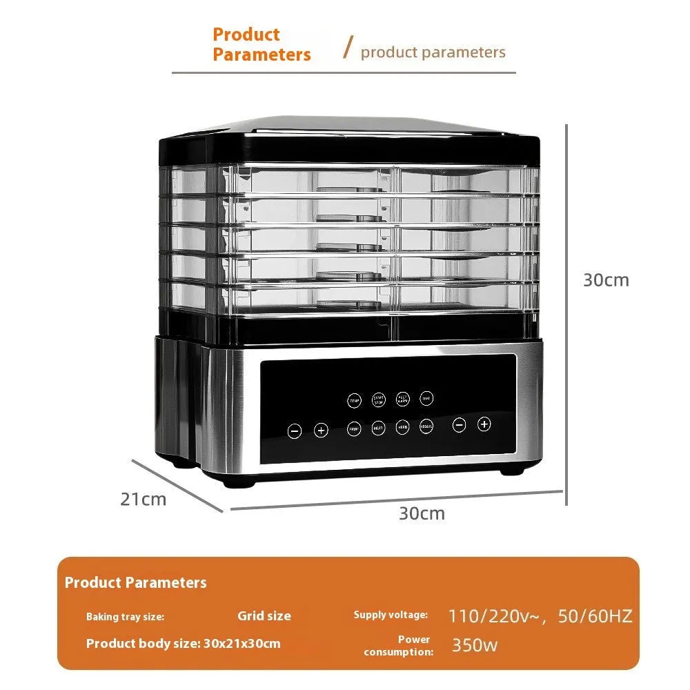 Silver stainless steel fruit dehydrator with 14-litre capacity and digital temperature display